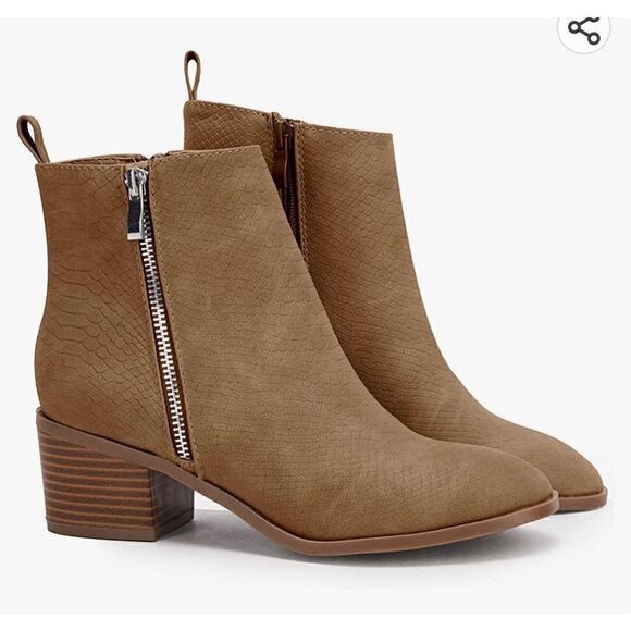 FISACE Womens V Cut Out Ankle Boot Pointed Toe Snakeskin Chunky Stacked Mid Heel - Picture 1 of 7